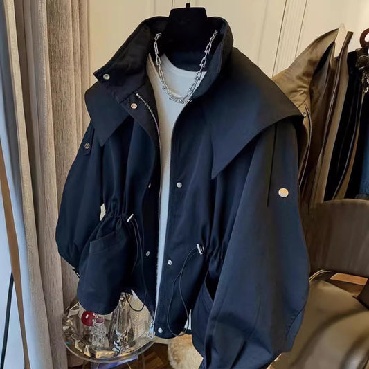 韓國東大門設計感小眾寬鬆休閒抽繩收腰工裝風衣外套女春秋短款