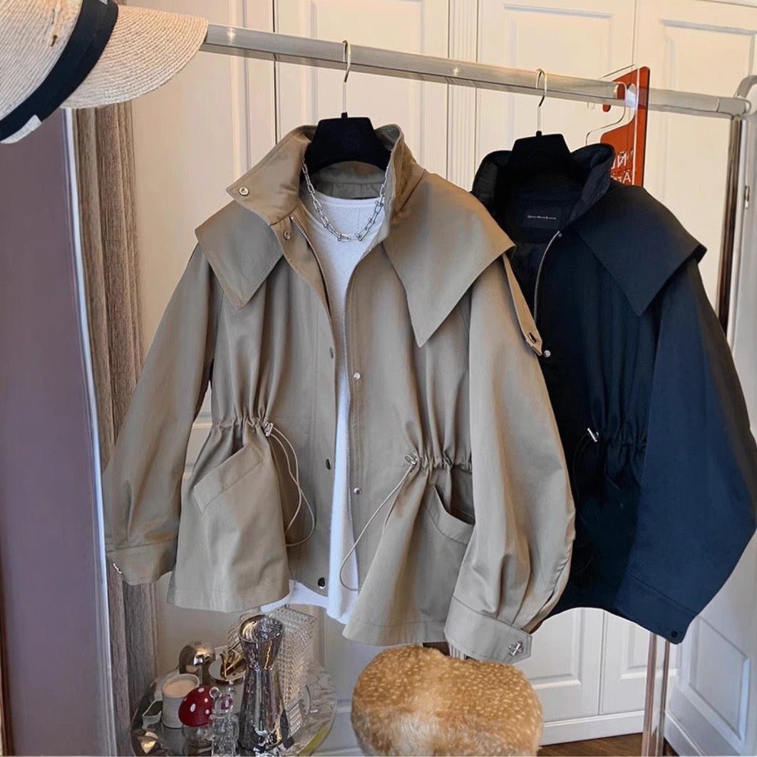 韓國東大門設計感小眾寬鬆休閒抽繩收腰工裝風衣外套女春秋短款