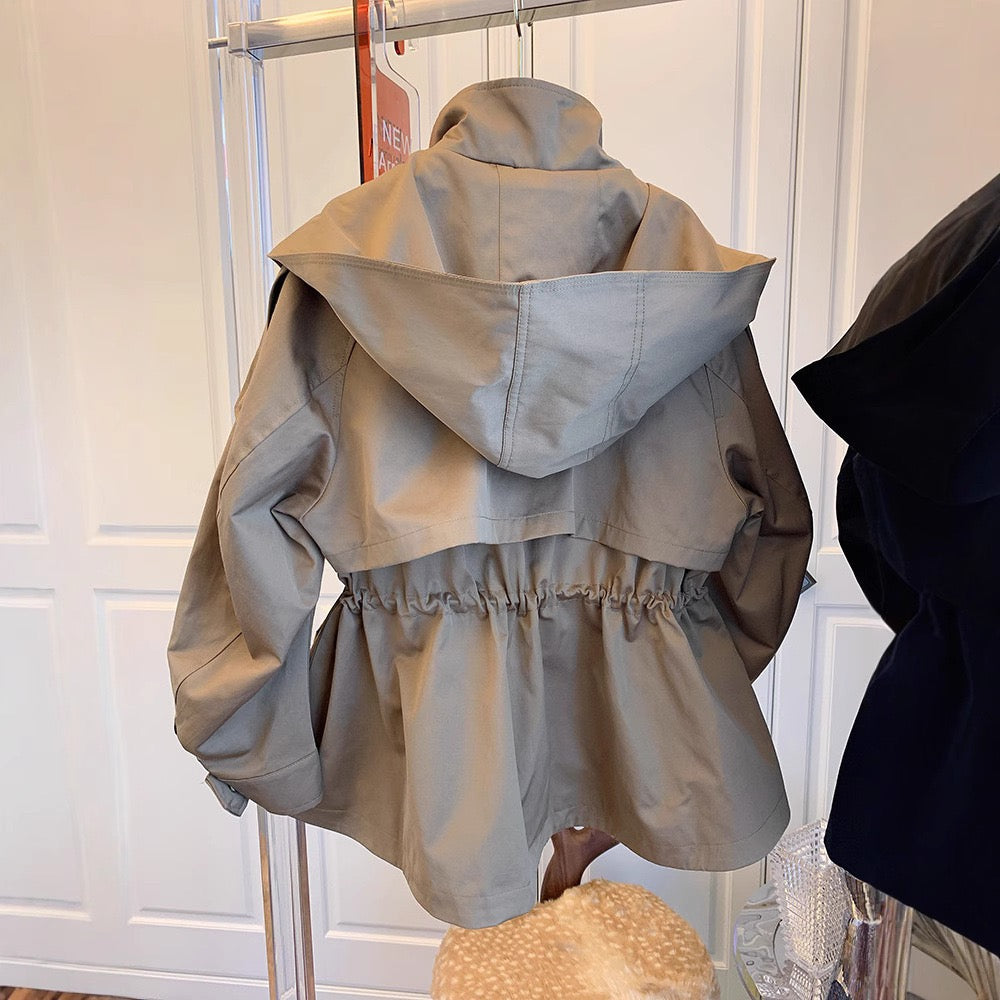 韓國東大門設計感小眾寬鬆休閒抽繩收腰工裝風衣外套女春秋短款