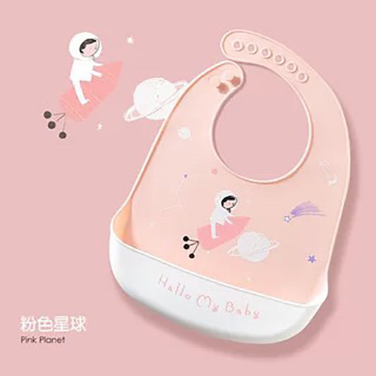 嬰兒矽膠飯圍兜防水口水兜食飯兜免手洗 - 粉色星球