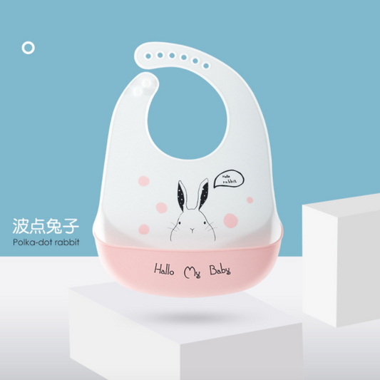 嬰兒矽膠飯圍兜防水口水兜食飯兜免手洗 - 波點兔子
